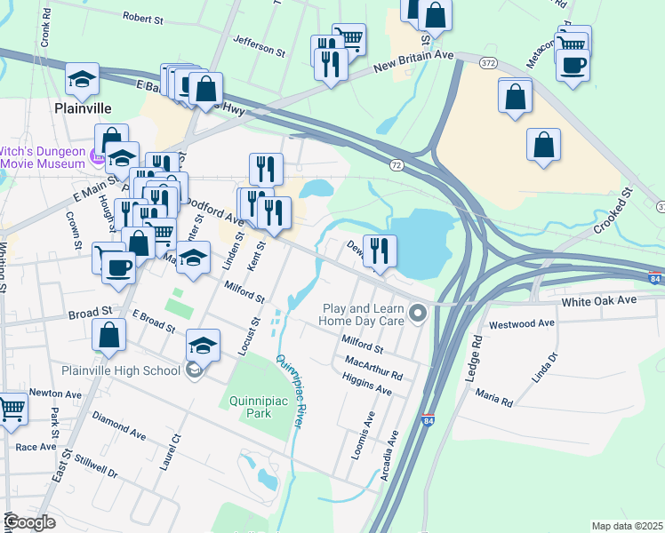 map of restaurants, bars, coffee shops, grocery stores, and more near 300 Woodford Avenue in Plainville