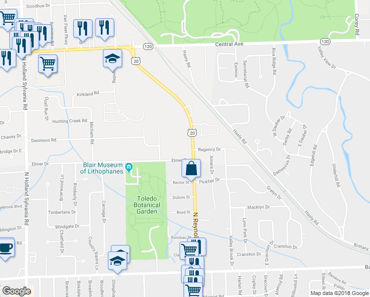 map of restaurants, bars, coffee shops, grocery stores, and more near 2621 North Reynolds Road in Toledo