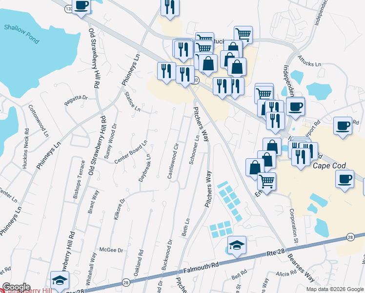 map of restaurants, bars, coffee shops, grocery stores, and more near 263 Castlewood Circle in Barnstable