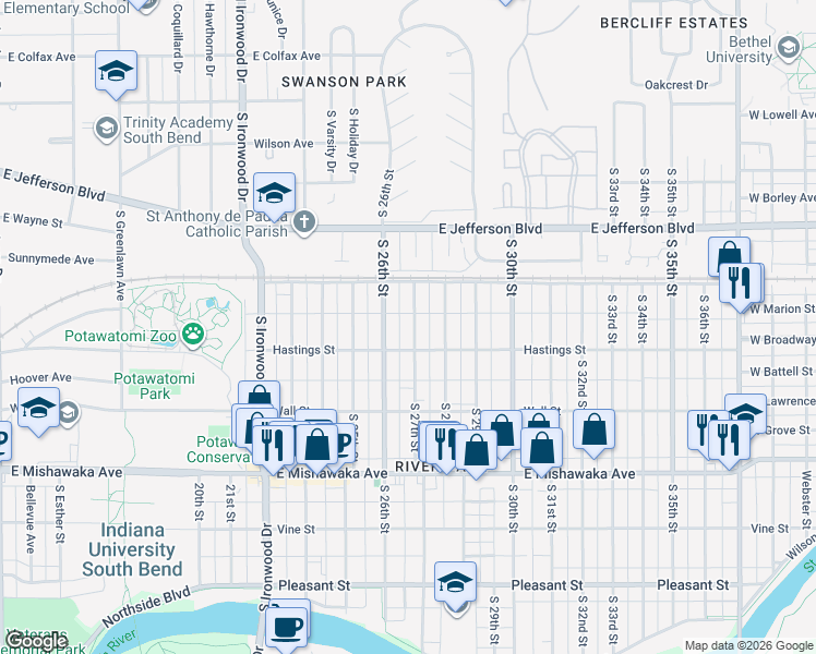 map of restaurants, bars, coffee shops, grocery stores, and more near 613 South 27th Street in South Bend