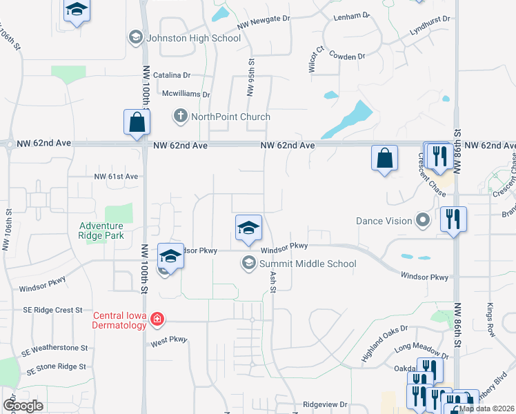 map of restaurants, bars, coffee shops, grocery stores, and more near 9425 Woodland Drive in Johnston