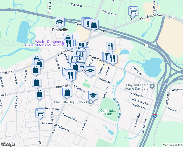 map of restaurants, bars, coffee shops, grocery stores, and more near 45 East Maple Street in Plainville