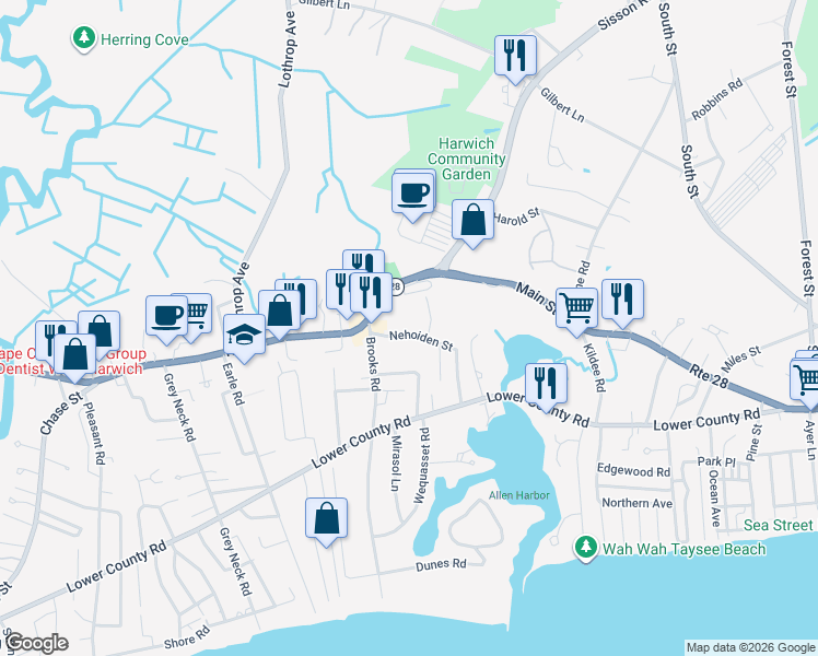 map of restaurants, bars, coffee shops, grocery stores, and more near 10 Nehoiden Street in Harwich