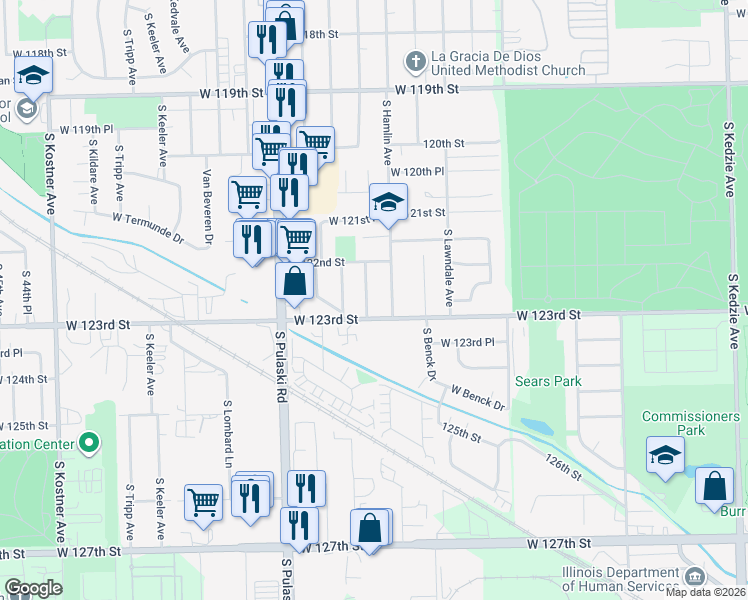 map of restaurants, bars, coffee shops, grocery stores, and more near 12233 South Avers Avenue in Alsip