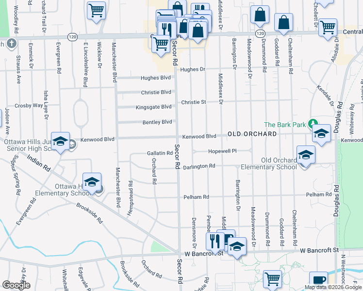 map of restaurants, bars, coffee shops, grocery stores, and more near 2550 Secor Road in Toledo