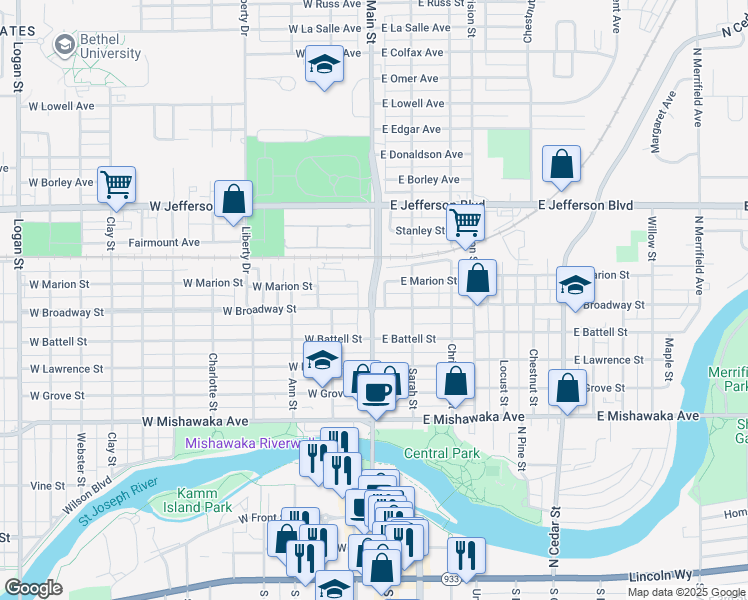 map of restaurants, bars, coffee shops, grocery stores, and more near in Mishawaka