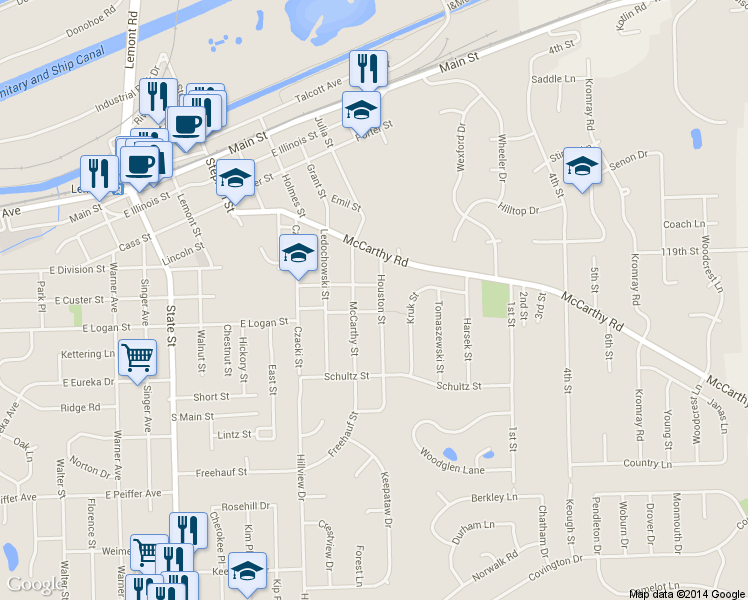 map of restaurants, bars, coffee shops, grocery stores, and more near 608 Houston Street in Lemont