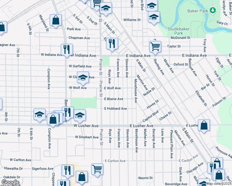 map of restaurants, bars, coffee shops, grocery stores, and more near 1817 Frances Avenue in Elkhart