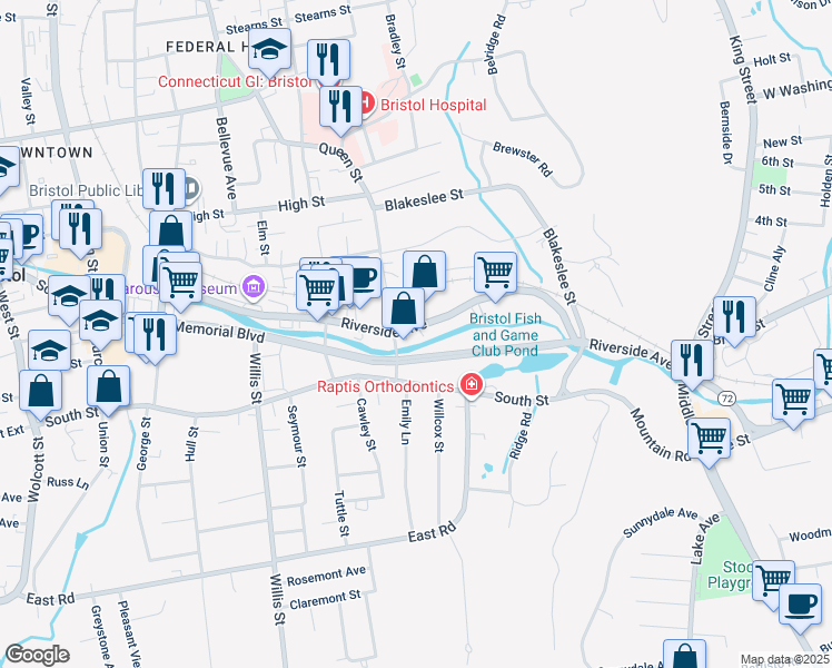 map of restaurants, bars, coffee shops, grocery stores, and more near 270 Riverside Avenue in Bristol