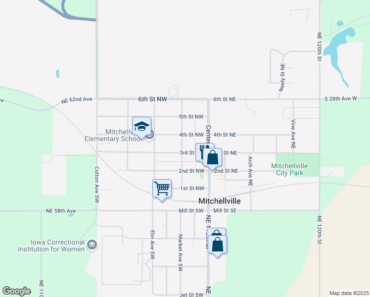 map of restaurants, bars, coffee shops, grocery stores, and more near 115 3rd Street Northwest in Mitchellville