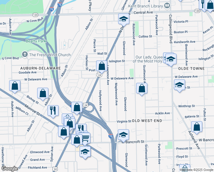 map of restaurants, bars, coffee shops, grocery stores, and more near 2469 Lawrence Avenue in Toledo