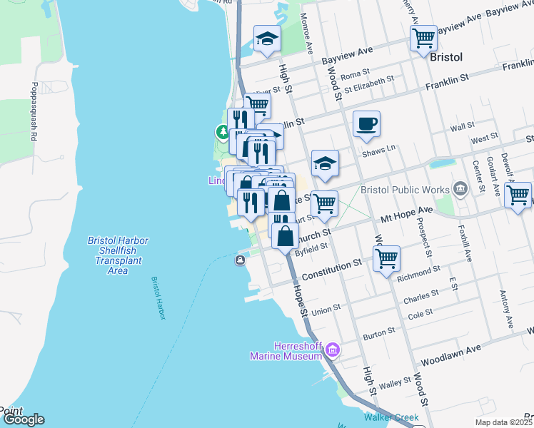 map of restaurants, bars, coffee shops, grocery stores, and more near 46 State Street in Bristol