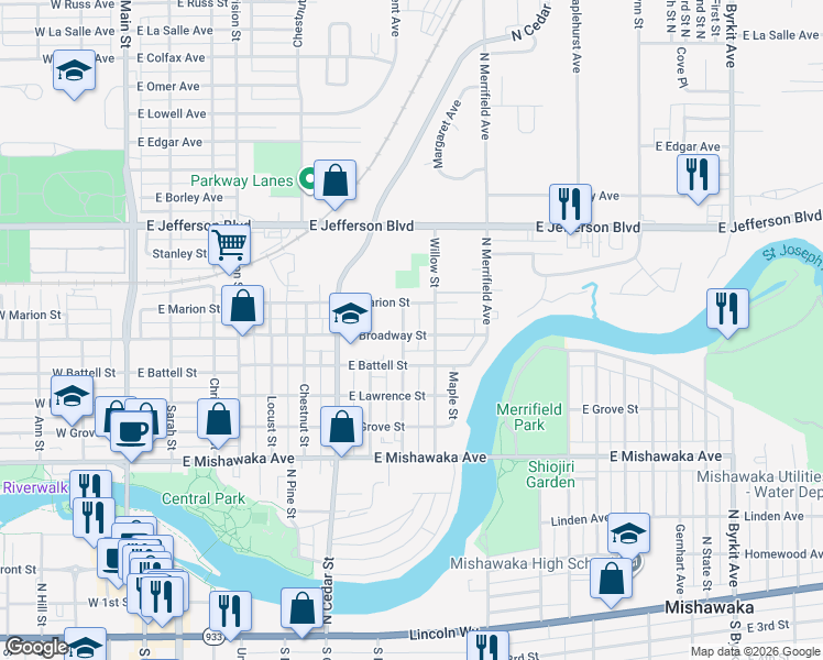 map of restaurants, bars, coffee shops, grocery stores, and more near 1002 Oak Street in Mishawaka