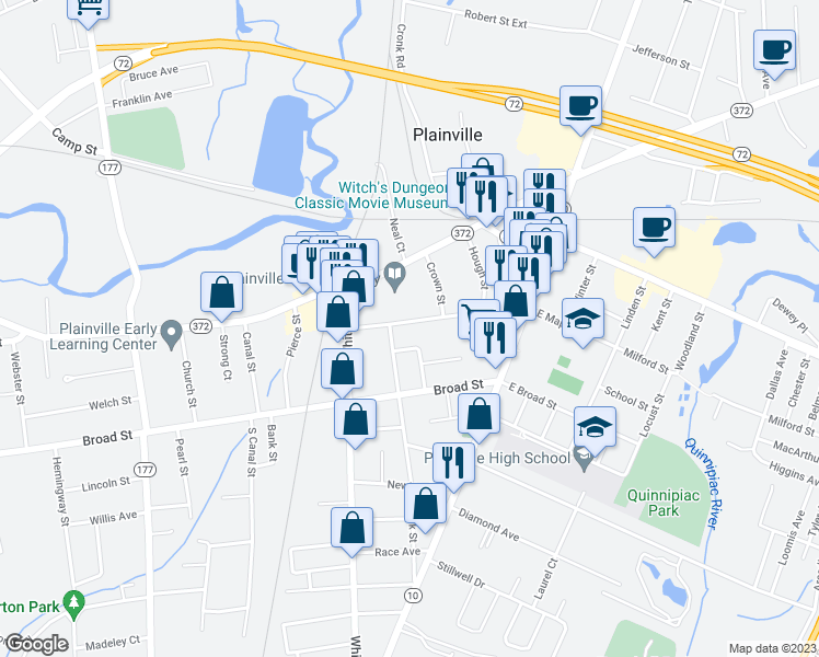 map of restaurants, bars, coffee shops, grocery stores, and more near 48 Maple Street in Plainville