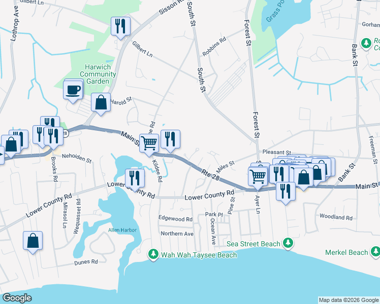 map of restaurants, bars, coffee shops, grocery stores, and more near 6 Seaport Lane in Harwich