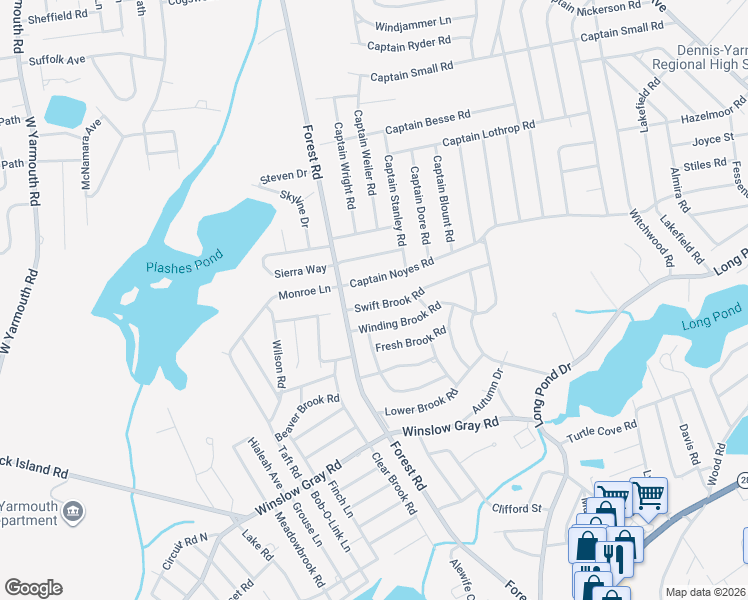 map of restaurants, bars, coffee shops, grocery stores, and more near 22 Swift Brook Road in Yarmouth