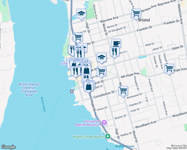 map of restaurants, bars, coffee shops, grocery stores, and more near 24 Court Street in Bristol