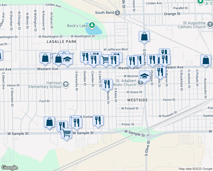 map of restaurants, bars, coffee shops, grocery stores, and more near 501 South Bendix Drive in South Bend