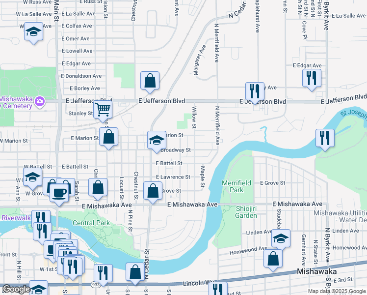 map of restaurants, bars, coffee shops, grocery stores, and more near 1002 Oak Street in Mishawaka