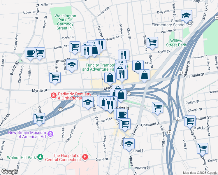 map of restaurants, bars, coffee shops, grocery stores, and more near 95 Myrtle Street in New Britain