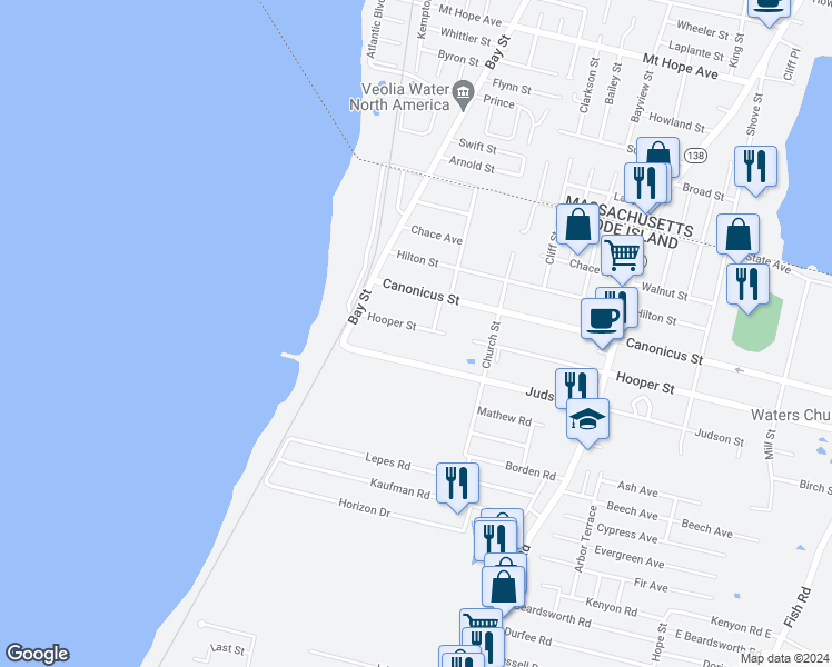 map of restaurants, bars, coffee shops, grocery stores, and more near 49 Hooper Street in Tiverton