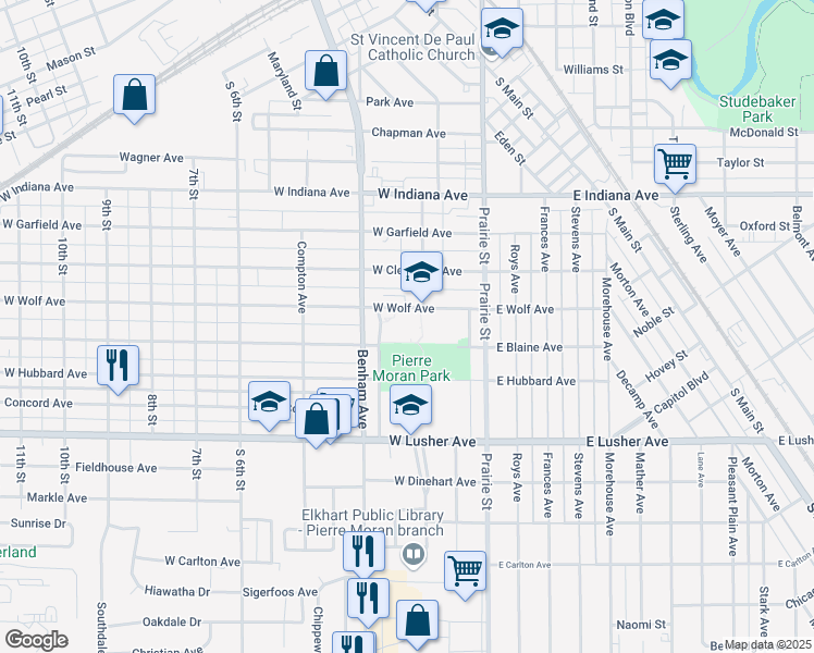 map of restaurants, bars, coffee shops, grocery stores, and more near 201 West Wolf Avenue in Elkhart
