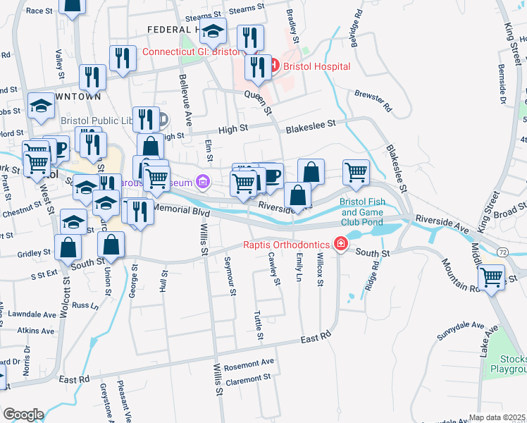 map of restaurants, bars, coffee shops, grocery stores, and more near 200 Riverside Avenue in Bristol