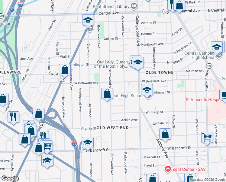 map of restaurants, bars, coffee shops, grocery stores, and more near 2464 Scottwood Avenue in Toledo