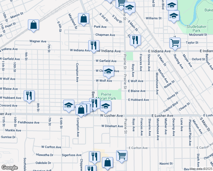 map of restaurants, bars, coffee shops, grocery stores, and more near 201 West Wolf Avenue in Elkhart