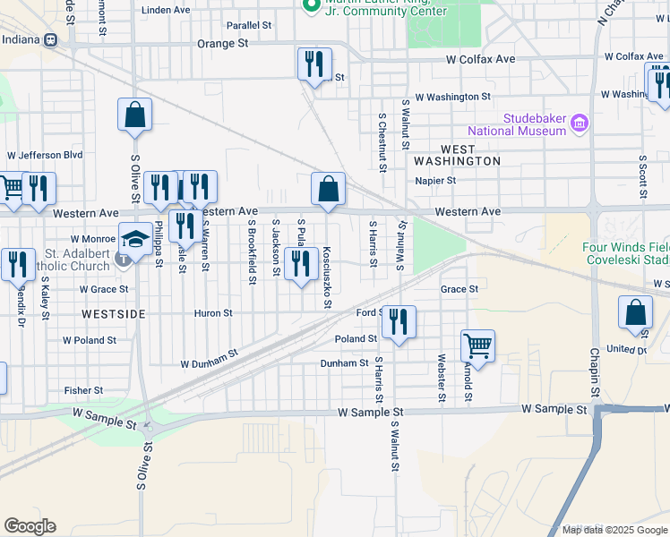 map of restaurants, bars, coffee shops, grocery stores, and more near 512 Kosciuszko Street in South Bend