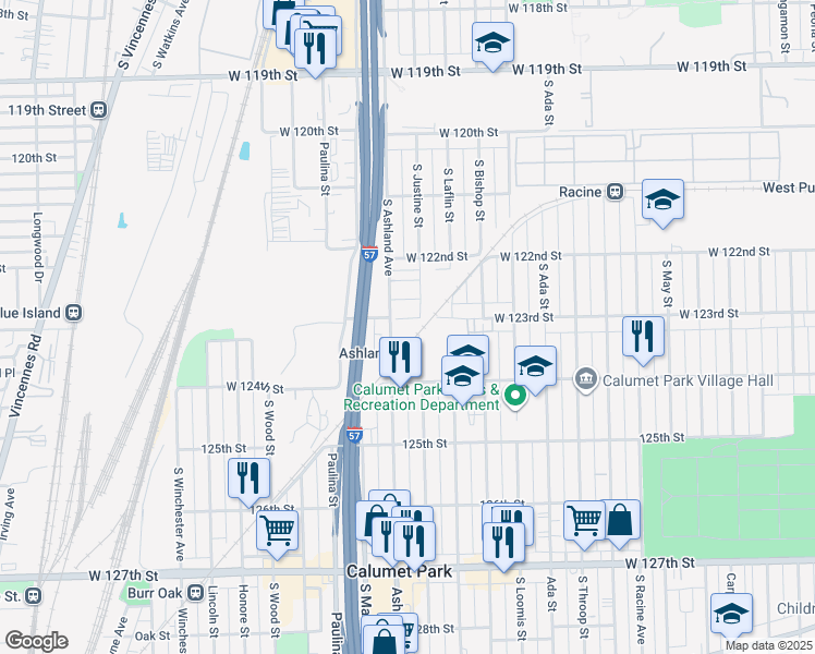 map of restaurants, bars, coffee shops, grocery stores, and more near 12357 South Ashland Avenue in Calumet Park