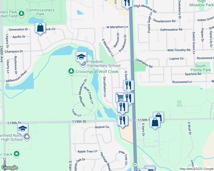 map of restaurants, bars, coffee shops, grocery stores, and more near 11655 Decathalon Lane in Plainfield
