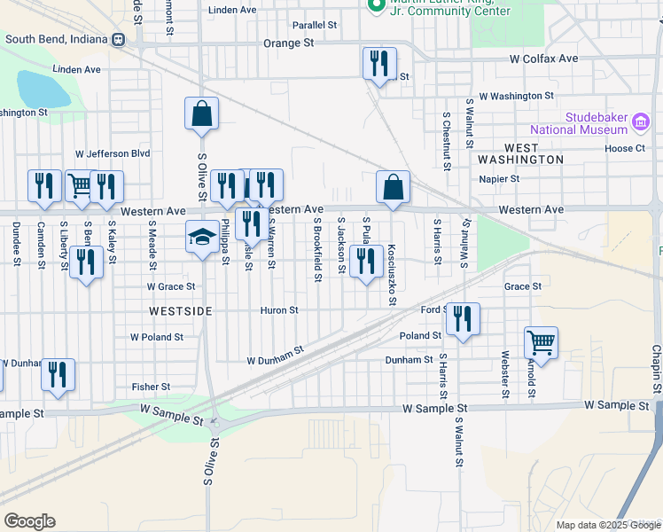 map of restaurants, bars, coffee shops, grocery stores, and more near 501 South Jackson Street in South Bend