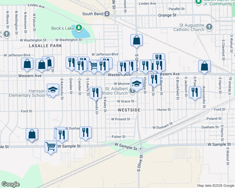 map of restaurants, bars, coffee shops, grocery stores, and more near 501 South Meade Street in South Bend