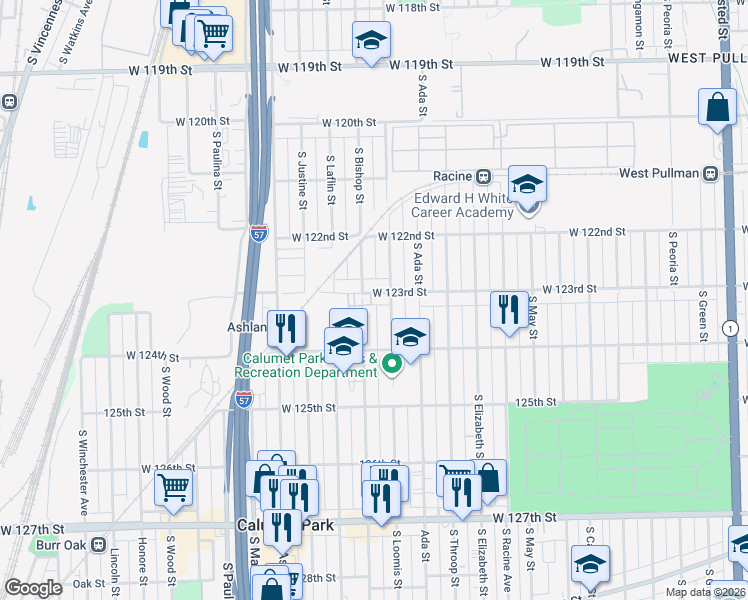 map of restaurants, bars, coffee shops, grocery stores, and more near 1415 West 123rd Street in Calumet Park