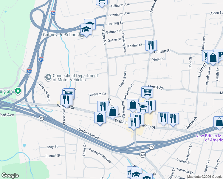 map of restaurants, bars, coffee shops, grocery stores, and more near 105 Slater Rd in New Britain