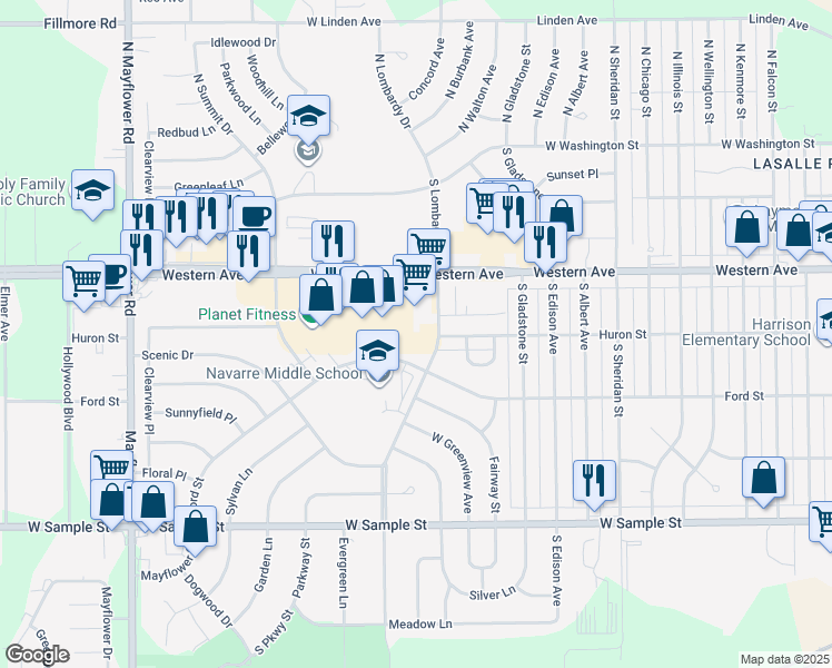 map of restaurants, bars, coffee shops, grocery stores, and more near 4601-4769 Ford Street in South Bend