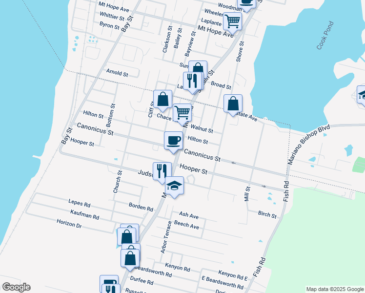 map of restaurants, bars, coffee shops, grocery stores, and more near 106 Main Road in Tiverton