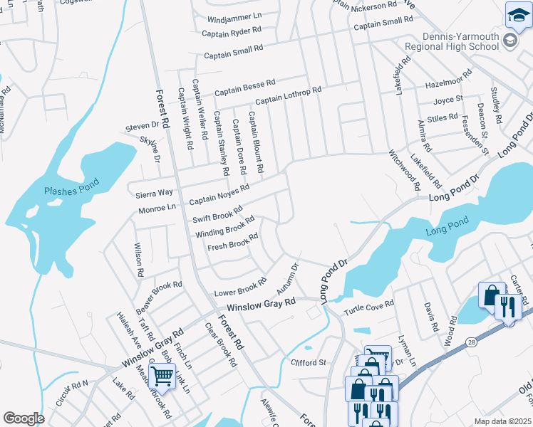 map of restaurants, bars, coffee shops, grocery stores, and more near 68 Winding Brook Road in Yarmouth