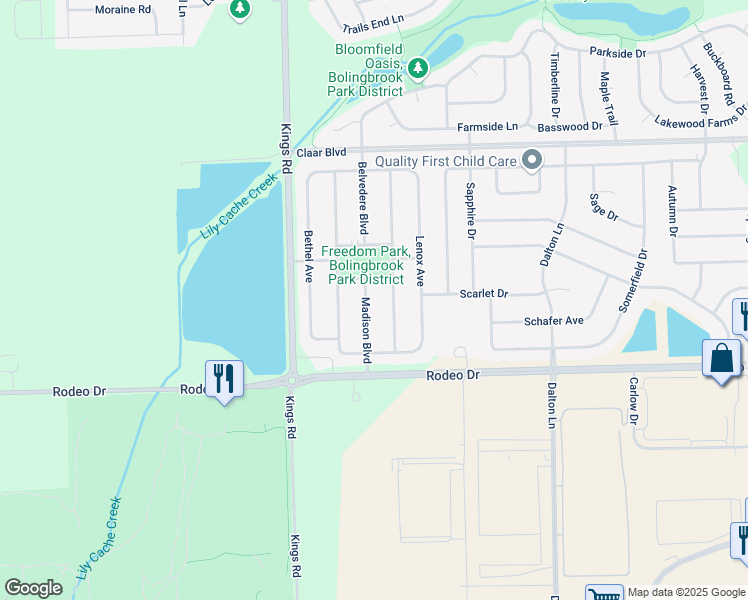 map of restaurants, bars, coffee shops, grocery stores, and more near 795 Madison Boulevard in Bolingbrook