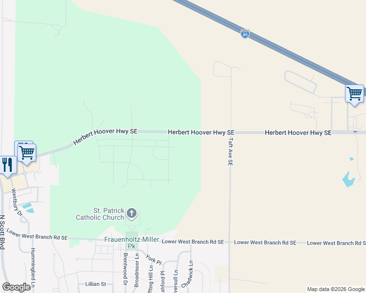 map of restaurants, bars, coffee shops, grocery stores, and more near 4757 Herbert Hoover Highway Southeast in Iowa City