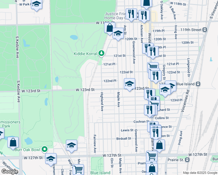 map of restaurants, bars, coffee shops, grocery stores, and more near 2634 West 123rd Street in Blue Island