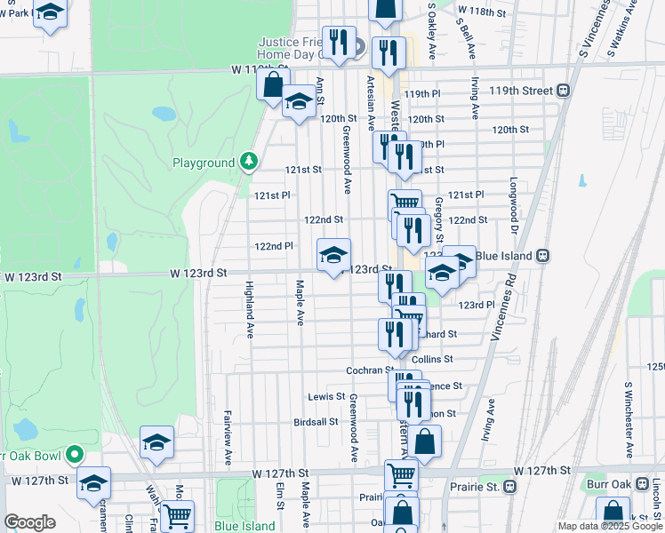 map of restaurants, bars, coffee shops, grocery stores, and more near 12257 Ann Street in Blue Island