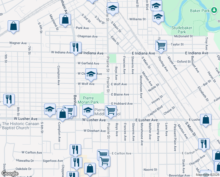 map of restaurants, bars, coffee shops, grocery stores, and more near 1812 County Road 9 in Elkhart