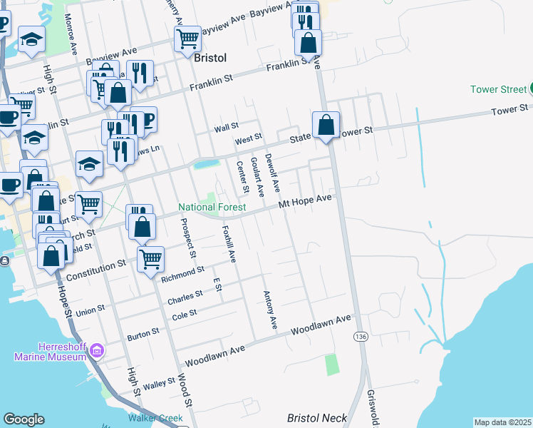 map of restaurants, bars, coffee shops, grocery stores, and more near 150 Mount Hope Avenue in Bristol