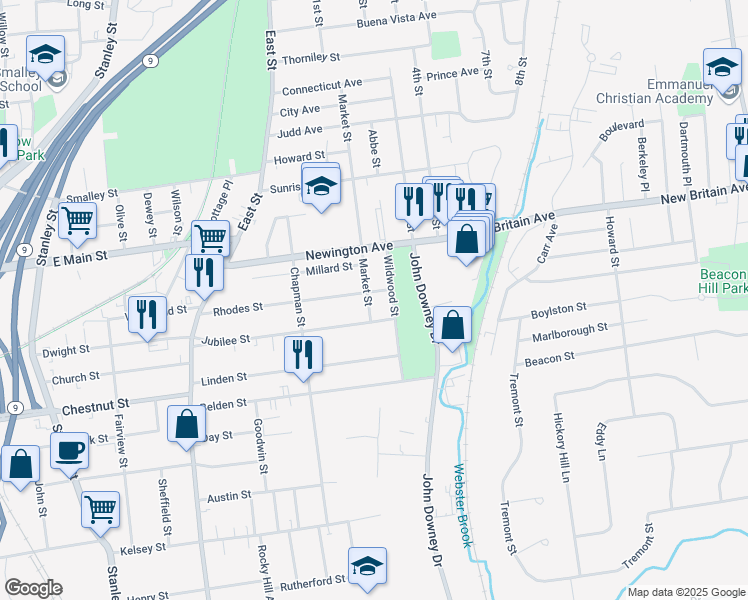 map of restaurants, bars, coffee shops, grocery stores, and more near 17 Market Street in New Britain