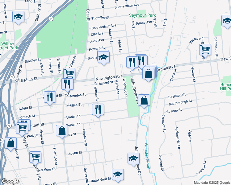 map of restaurants, bars, coffee shops, grocery stores, and more near 17 Market Street in New Britain