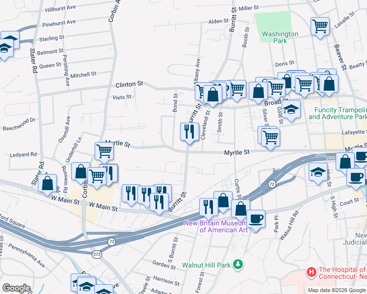 map of restaurants, bars, coffee shops, grocery stores, and more near 495 Myrtle Street in New Britain