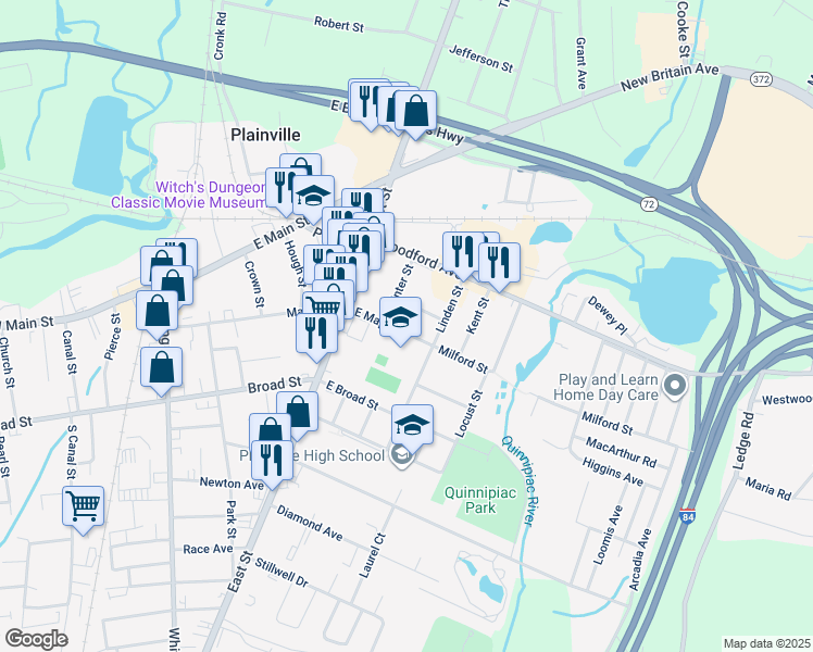 map of restaurants, bars, coffee shops, grocery stores, and more near 45 East Maple Street in Plainville