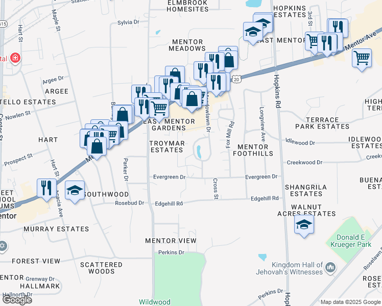 map of restaurants, bars, coffee shops, grocery stores, and more near 9 Meadowlawn Drive in Mentor